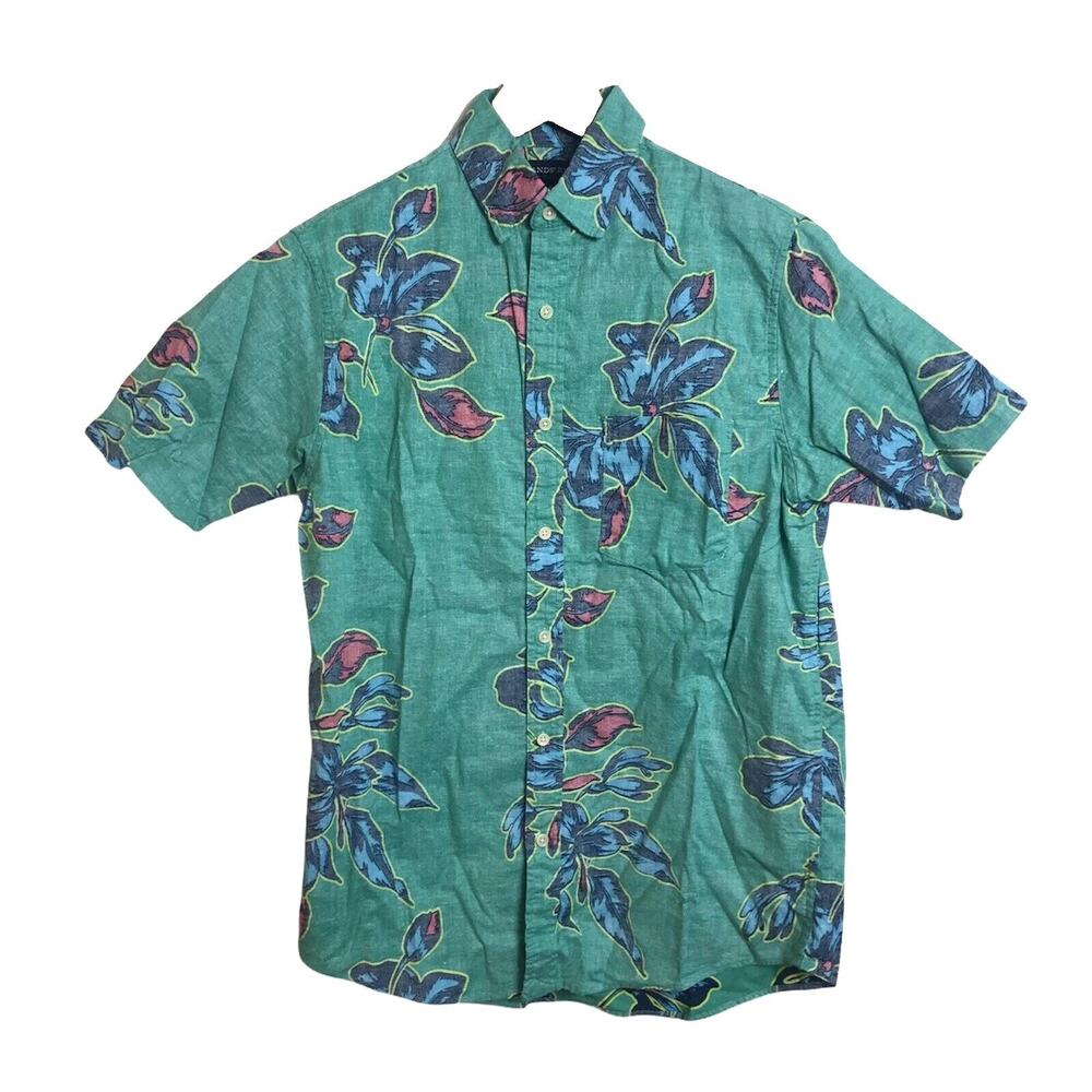 Lands' End Shirt Mens Size Small Short Sleeve Button-Up Bright Green Floral - Picture 3 of 4